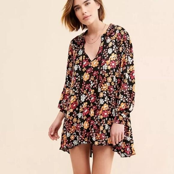 Free People Dresses & Skirts - Free People Daisy Jane Long Sleeve Mini Dress  Flowy Loose Fit Black Floral